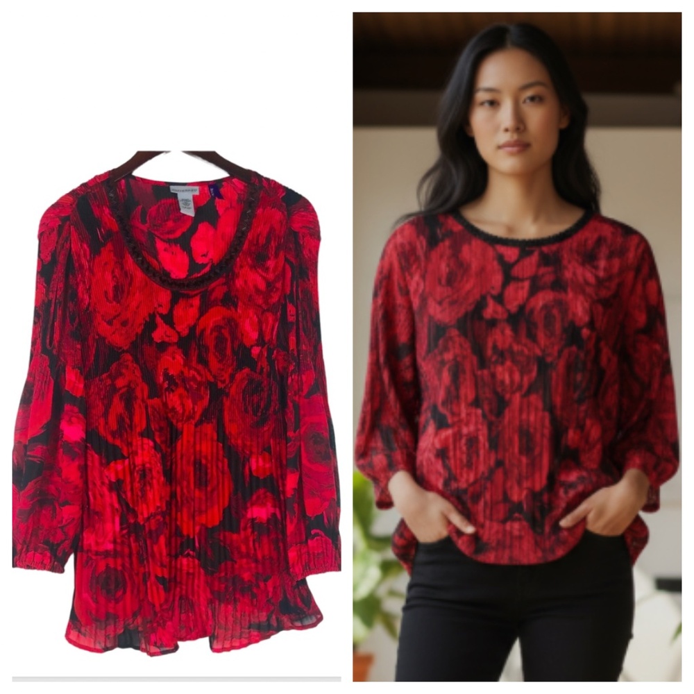 Catherines 0XWP 14 16 Top Tunic Shirt Floral Red Black Crinkle Silky Stretch